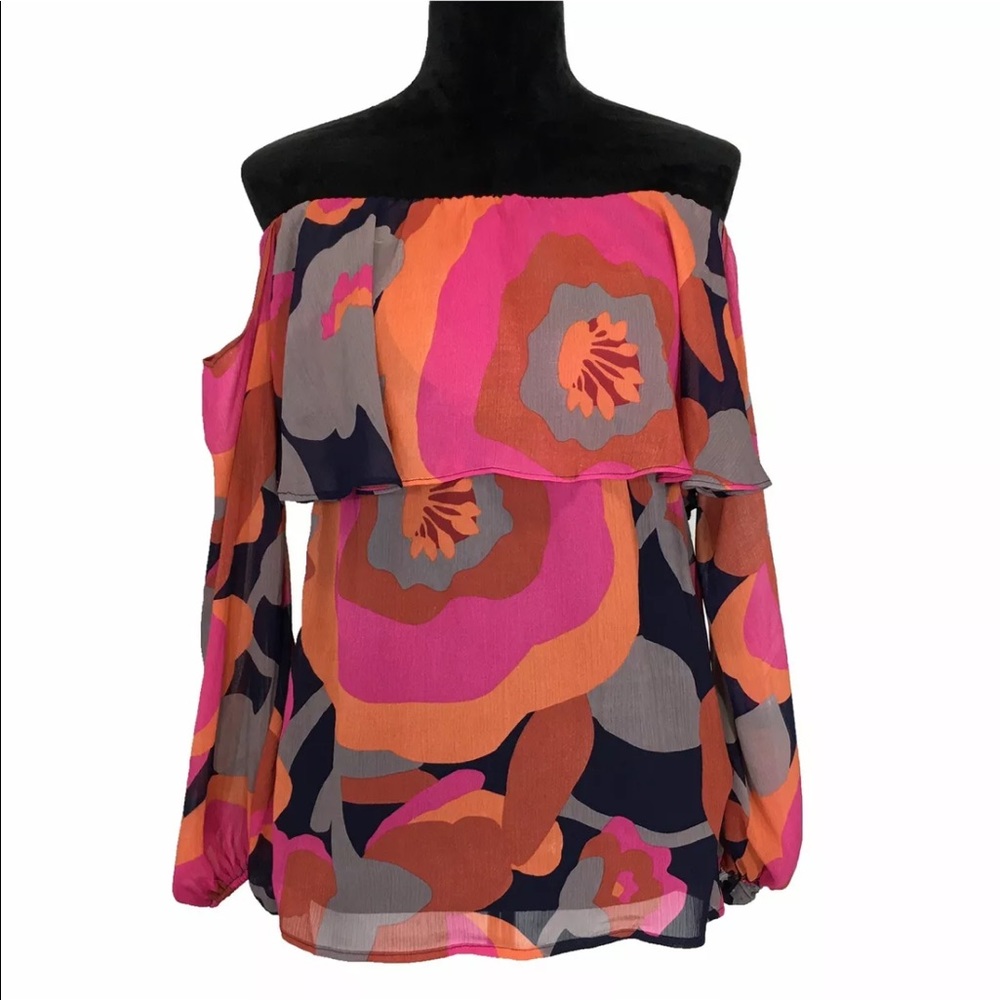Judith March Top SMALL Navy Pink Gray Sexy Cold Shoulder Ruffle‎ Long Sl Blouse